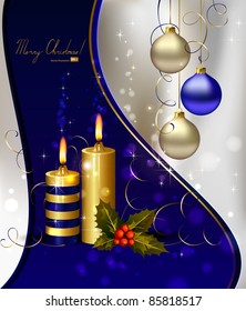 light Christmas background with burning candles and Christmas gift