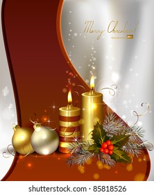 light Christmas background with burning candles and Christmas bauble