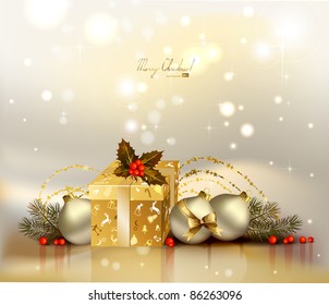 light Christmas background with evening balls, holly and gift