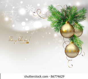 light Christmas background with  evening balls and fir tree