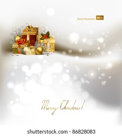 light Christmas background with evening balls and gifts