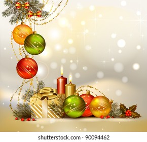 light Christmas background with evening balls, candles and gift