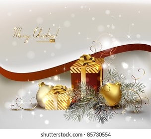 light Christmas background with gold evening balls and gifts