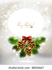 light Christmas background with three cones and fir tree