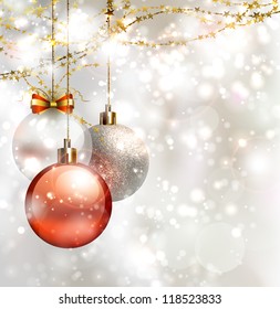 light Christmas background with three evening balls