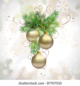 fondo navideño ligero con tres bolas y un árbol de abetos