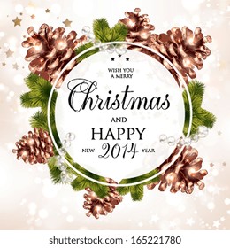 Light Christmas background with two cones and fir tree