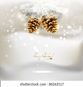 light Christmas background with two cones and fir tree