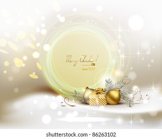 light Christmas background with two evening balls and gift