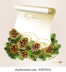 light Christmas background with vitality cones , fir tree and paper