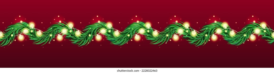 Light christmas garland, xmas border. Gold holiday decor, snow on green fir, pine plant with lights, evergreen spruce. Holly holiday decoration. Winter botanical vector seamless exact background