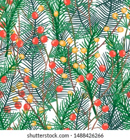 Light Christmas pattern with cute green coniferous branches and red and orange berries on white background. Cute doodle pine twigs with needles texture for textile, wrapping paper, surface, wallpaper