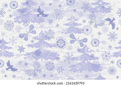 Light Christmas pattern with snowy forest, snowflakes, birds, butterflies and dragonflies. Seamless texture. Grunge. Vector eps 10