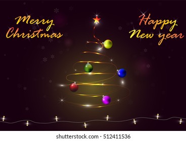 Light christmas tree with christmas balls, snowflakes and luminous garland on dark background with letters, vector