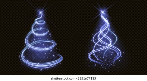 Árbol de Navidad claro con brillo y brillo azul. Resumen de la decoración de brillo azul vectorial de Navidad sobre fondo negro abstracto transparente. Símbolo de hadas de temporada de invierno aislado para tarjeta de saludo de Año Nuevo