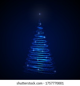 Light Christmas tree on dark background. Symbol of Happy New Year