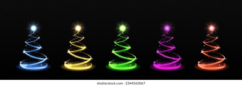 Light Christmas tree with star sparkle vector set in gold, blue, red, green and purple. New year glow glitter decoration isolated on black background. Modern winter magic ribbon shine pine symbol