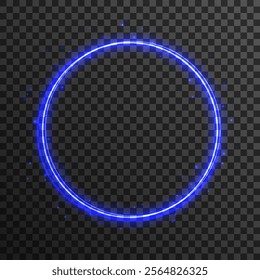 Light circle background with blue light neon effect. Light glowing circle line of neon effect. Wake wave, fire path trail line and swirl effect curve. Blue shiny glitter. Vector swirl trail effect.