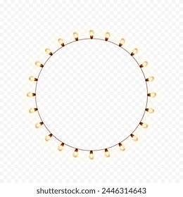 Light circle banner isolated on transparent background. Vector round Hollywood bulbs frame. Las Vegas casino night sign. Glowing fairy Christmas garland string, border or makeup mirror with lamps