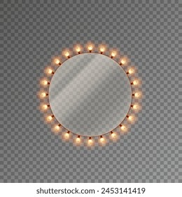 Light circle banner isolated on transparent background. Vector round Hollywood bulbs frame. Las Vegas casino night sign. Glowing fairy Christmas garland string, border or makeup mirror with lamps
