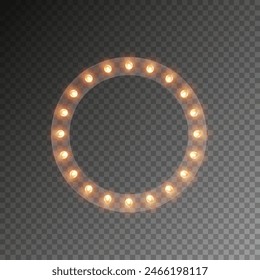 Light circle banner isolated on transparent background. Vector round Hollywood bulbs frame. Las Vegas casino night sign. Glowing decoration, garland, border or makeup mirror with lamps template