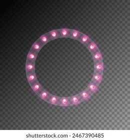 Light circle banner isolated on transparent background. Vector pink round Hollywood bulbs frame. Las Vegas casino night sign. Glowing decoration, garland, border or makeup mirror with lamps template