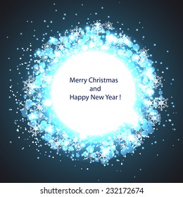 light circle banner with merry christmas and happy new year. Background with snowflakes