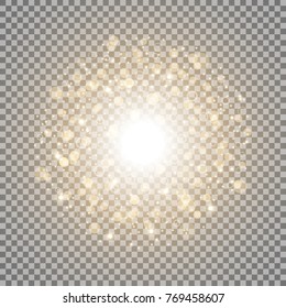 Light circle with dots and sparks on transparent background, sparkles, light effect, vector illustration, golden color