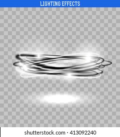 Light circle isolated . Black and white glowing ring. Swirl trail effect on transparent background.