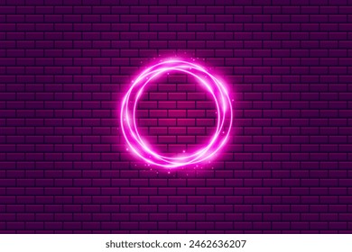 halo de neón de círculo claro en la pared de ladrillo, brillante efecto de resplandor de luz de anillo rosa brillante. Plantilla de Anuncio de Ilustración vectorial.