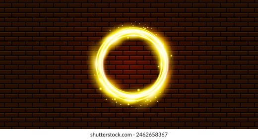 Light circle neon halo on brick wall, Bright glowing pink ring light glow effect. Vector illustration banner template.