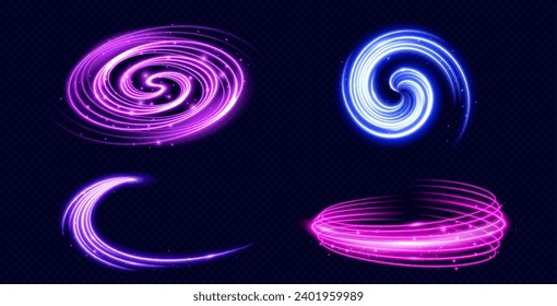 Light circle and spin neon elements with swoosh effect and sparkles. Realistic vector set of magic glowing swirl and spiral lines with flying luminous particles. Flare round trail with glitter.