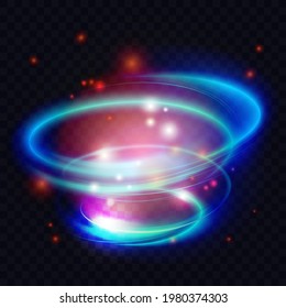 Light circle swirl spiral shapes and lines, abstract energy effect vector illustration. Shiny neon rings shine with flying magic bright luminous particles and sparkles on transparent black background