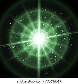 Light circle with waves of light and stardust, glowing light with sparks on black background, light effect, green color