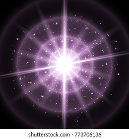 Light circle with waves of light and stardust, glowing light with sparks on black background, light effect, purple color