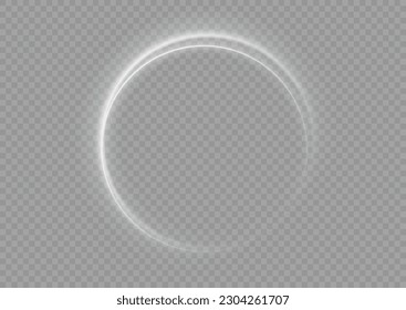 Light circle white swirl. Curved white line light effect. Darkening of the moon. Flash vector semicircle and spark light effect. Glowing white speed circle portal on the road. Podium, radial platform.