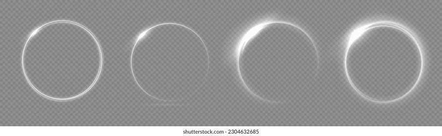 Light circle white swirl. Curved white line light effect. Darkening of the moon. Flash vector semicircle and spark light effect. Glowing white speed circle portal on the road. Podium, radial platform.