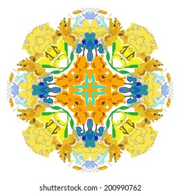 Light circular floral ornament on a white background.