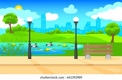 Light city park landscape background with bench lanterns water lily ducks swimming in pond and plants vector illustration