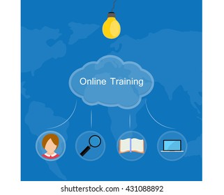 light, cloud, icons on the world map background, concept of online education, infographics, vector illustration in flat style