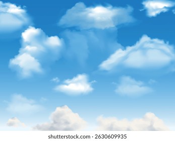 Light clouds in the blue sky. Blue Sky and puffy clouds. A horizontal shot of bright blue sky with puffy white clouds.
