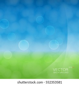Light cloudy circles like bokeh effect on green and blue gradient background and with light smooth layers on a side