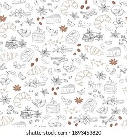 Light coffee seamless pattern with pastries, cinnamon, vanilla and coffee. Vector sketch on a white background. line art