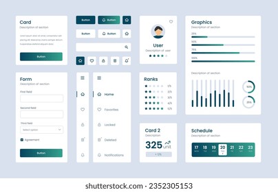 Leuchtende Kollektion von Farbverlauf-ui-ux-Elementen. Ux-Dashboard-Benutzerpanel-Vorlage. Benutzerschnittstelle, Erfahrung. UI-Elemente, um die App zu buchen.