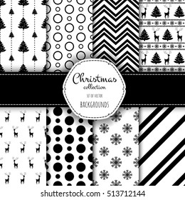 Light Collection of seamless patterns with black and white colors. Set of seamless backgrounds with traditional symbols - snowflakes, pine tree,deer,holly berry and suitable abstract patterns.
