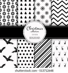 Light Collection of seamless patterns with black and white colors. Set of seamless backgrounds with traditional symbols - snowflakes, pine tree,deer,holly berry and suitable abstract patterns.