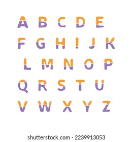 Light color alphabet with orange and purple color. Vector illustration.