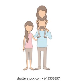 light color caricature faceless family with mother and father with moustache and girl on his back vector illustration