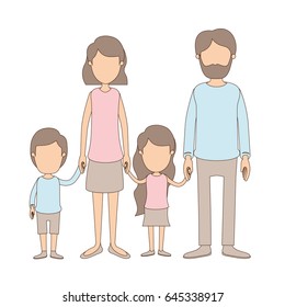 light color caricature faceless family group with parents and little kids taken hands vector illustration