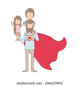 light color caricature faceless full body super dad hero with girl on his hand and boy on his back